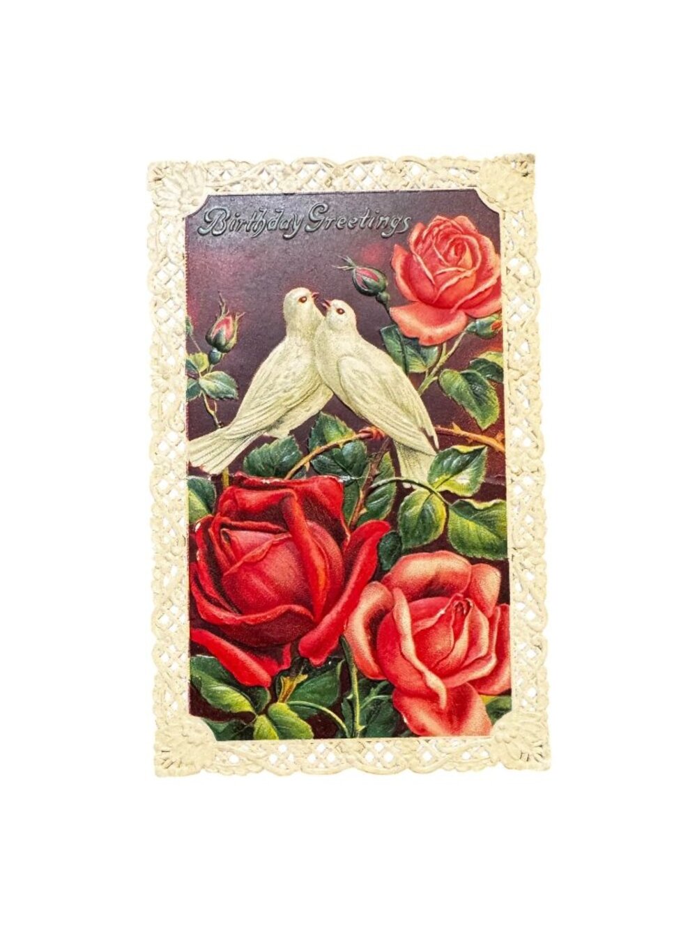 Antique Embossed Birthday Postcard Lace Edging Red Roses White Birds Early 1900s